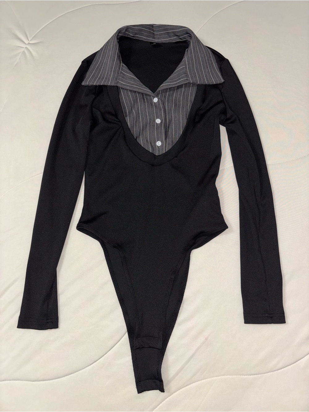 Black Long Sleeve Bodysuit with Pinstripe Collar